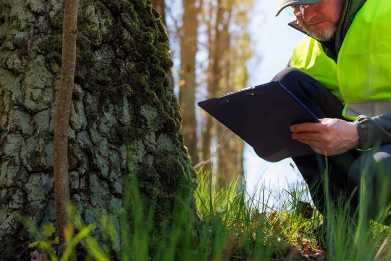 Worker holding a clipboard beside a tree trunk.